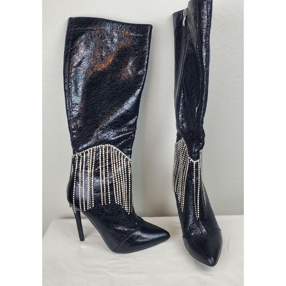 Noelle Women's Size 6 Black Stiletto Boots Rhinestone Fringe Textured